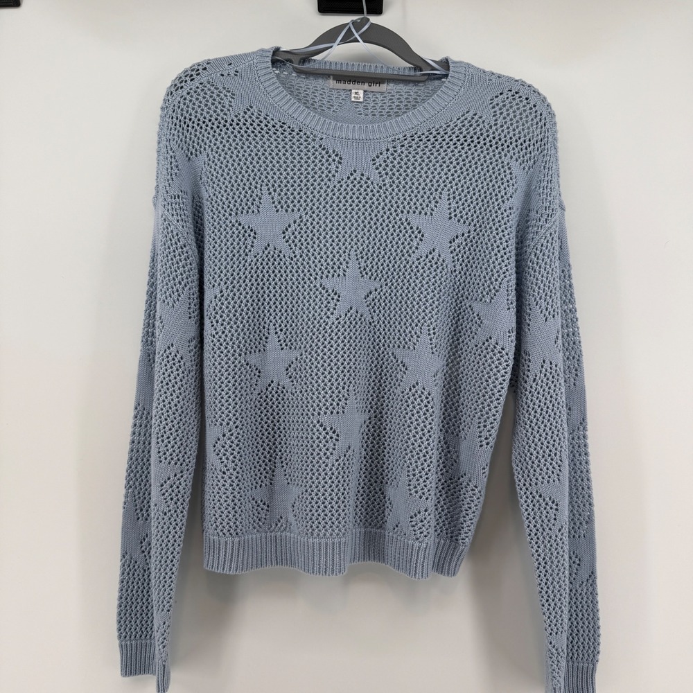 Madden Girl Womens Knit‎ Sweater XL Blue Star Cutout Long Sleeve Casual Top